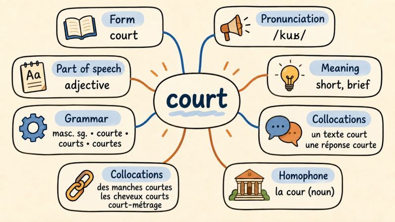 Ментальная карта вокруг французского слова «court»: форма, произношение, часть речи, значение, грамматика, сочетаемость и омофон.